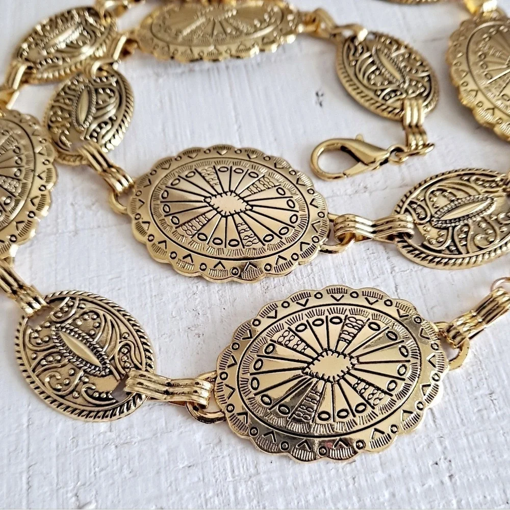 Gold Concho Chain Boho waist Belt Chunky Adjustable Western Festival Medallion
